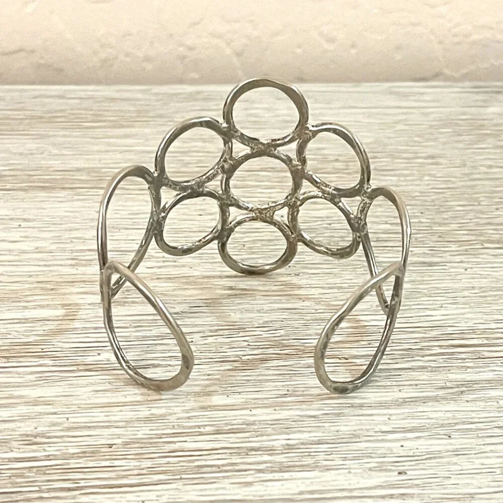 Cuff Bracelet Wide Silver Circles Adjustable Metal
